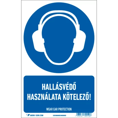 Hallásvédő használata kötelező! matrica / tábla (ISO 7010-M003 piktogram + felirat)