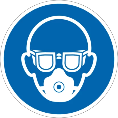 Porvédő maszk és védőszemüveg használata kötelező! matrica (piktogram)