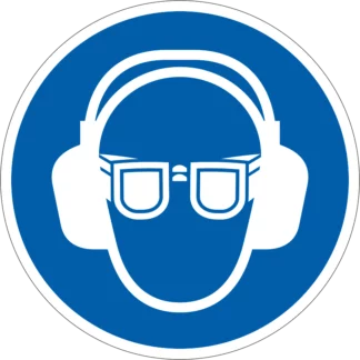 Védőszemüveg és hallásvédő használata kötelező! matrica (piktogram)