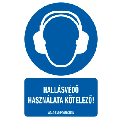 Hallásvédő használata kötelező! matrica / tábla (ISO 7010-M003 piktogram + felirat)