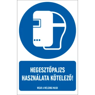 Hegesztőpajzs használata kötelező! matrica / tábla (ISO 7010-M019 piktogram + felirat)