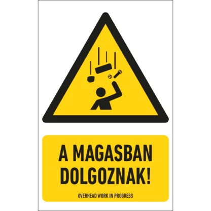 A magasban dolgoznak! matrica / tábla (ISO 7010-W035 piktogram + felirat)