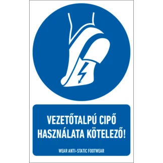 Vezetőtalpú cipő használata kötelező! matrica / tábla (ISO 7010-M032 piktogram + felirat)