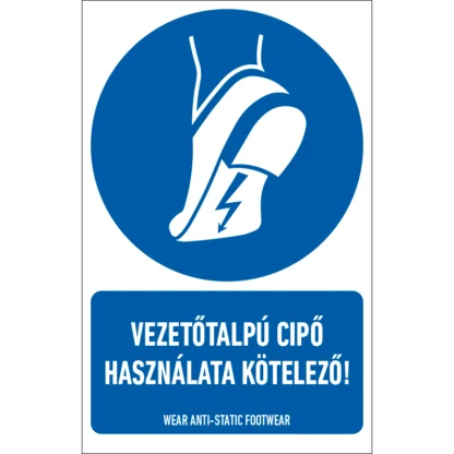 Vezetőtalpú cipő használata kötelező! matrica / tábla (ISO 7010-M032 piktogram + felirat)