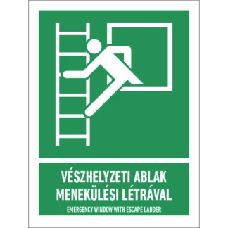 Vészhelyzeti ablak menekülési létrával matrica / tábla (ISO 7010-E017 piktogram + felirat)