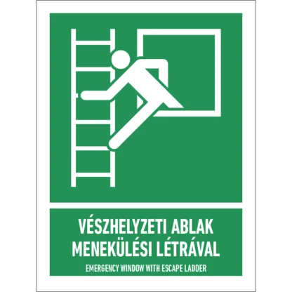 Vészhelyzeti ablak menekülési létrával matrica / tábla (ISO 7010-E017 piktogram + felirat)