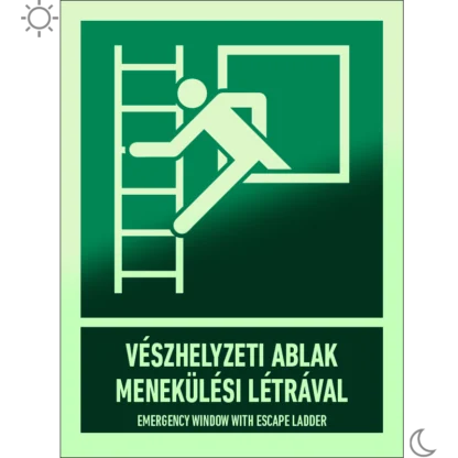 Vészhelyzeti ablak menekülési létrával matrica / tábla (ISO 7010-E017 piktogram + felirat)