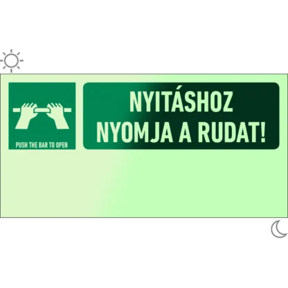 Nyitáshoz nyomja a rudat! matrica / tábla (piktogram + felirat)