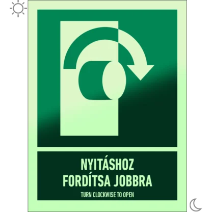 Nyitáshoz fordítsa jobbra (óramutató járásával megegyezően)! matrica / tábla (ISO 7010-E019 piktogram + felirat)