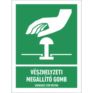 Vészhelyzeti megállító gomb matrica / tábla (ISO 7010-E020 piktogram + felirat)