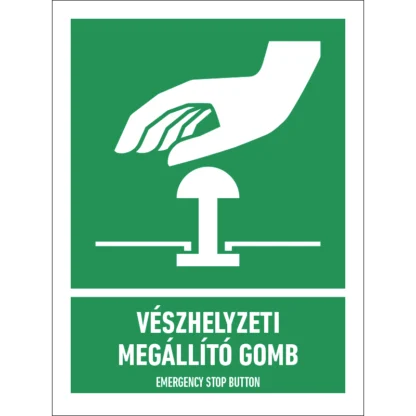 Vészhelyzeti megállító gomb matrica / tábla (ISO 7010-E020 piktogram + felirat)