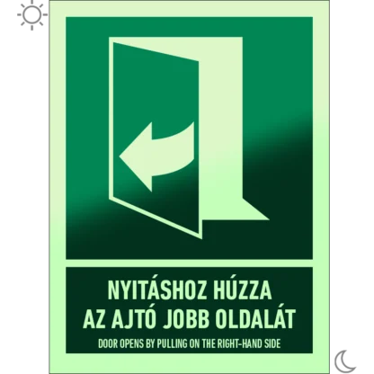 Nyitáshoz húzza az ajtó jobb oldalát! matrica / tábla (ISO 7010-E058 piktogram + felirat)