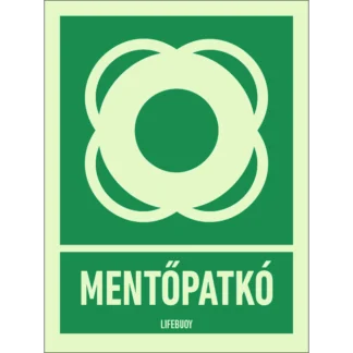 Mentőpatkó utánvilágító matrica (ISO 7010-E040 piktogram + felirat)