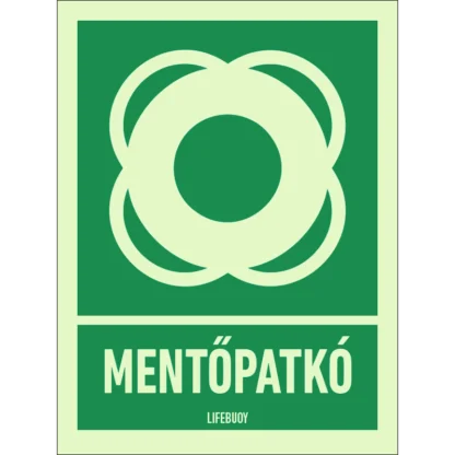 Mentőpatkó utánvilágító matrica (ISO 7010-E040 piktogram + felirat)