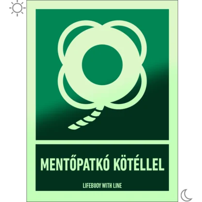 Mentőpatkó kötéllel utánvilágító matrica (ISO 7010-E041 piktogram + felirat)