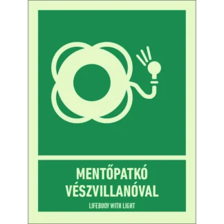 Mentőpatkó vészvillanóval utánvilágító matrica (ISO 7010-E042 piktogram + felirat)