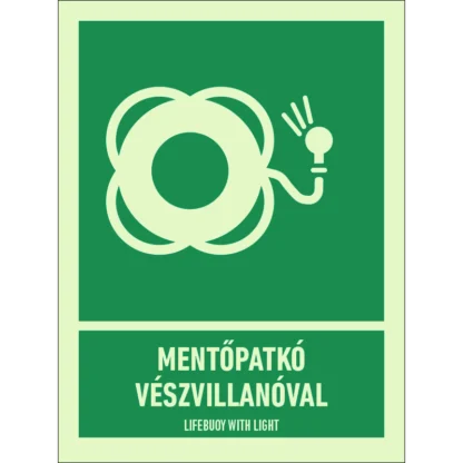 Mentőpatkó vészvillanóval utánvilágító matrica (ISO 7010-E042 piktogram + felirat)