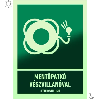 Mentőpatkó vészvillanóval utánvilágító matrica (ISO 7010-E042 piktogram + felirat)