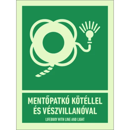 Mentőpatkó kötéllel és vészvillanóval utánvilágító matrica (ISO 7010-E043 piktogram + felirat)