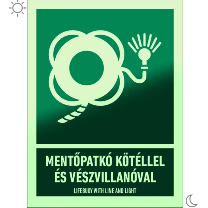 Mentőpatkó kötéllel és vészvillanóval utánvilágító matrica (ISO 7010-E043 piktogram + felirat)