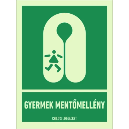 Gyermek mentőmellény utánvilágító matrica (ISO 7010-E045 piktogram + felirat)