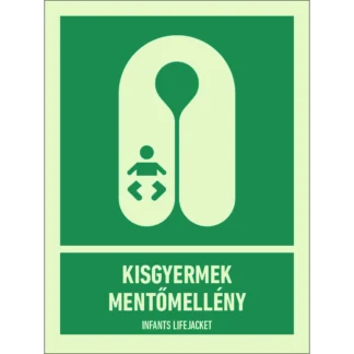 Kisgyermek mentőmellény utánvilágító matrica (ISO 7010-E046 piktogram + felirat)