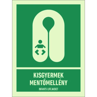 Kisgyermek mentőmellény utánvilágító matrica (ISO 7010-E046 piktogram + felirat)