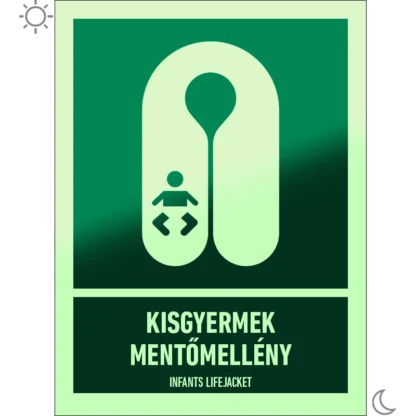 Kisgyermek mentőmellény utánvilágító matrica (ISO 7010-E046 piktogram + felirat)