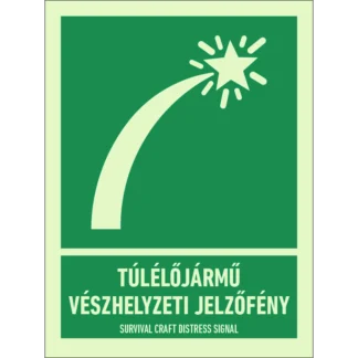 Túlélőjármű vészhelyzeti jelzőfény utánvilágító matrica (ISO 7010-E048 piktogram + felirat)