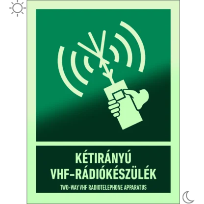 Kétirányú VHF rádiókészülék matrica / tábla (ISO 7010-E051 piktogram + felirat)