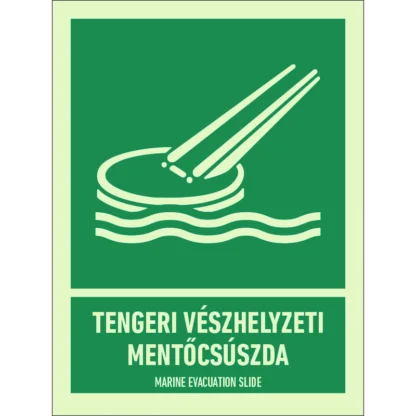 Tengeri vészhelyzeti mentőcsúszda utánvilágító matrica (ISO 7010-E054 piktogram + felirat)