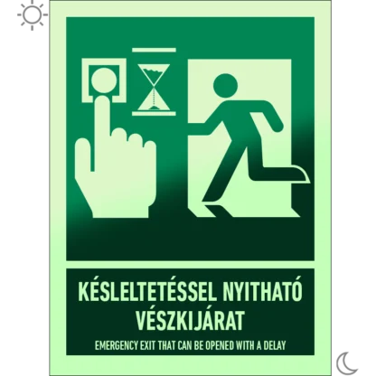 Késleltetéssel nyitható vészkijárat matrica / tábla (piktogram + felirat)