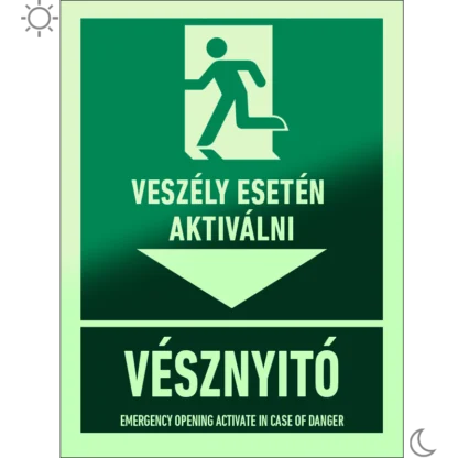 Vésznyitó. Veszély esetén aktiválni! matrica / tábla (piktogram + felirat)