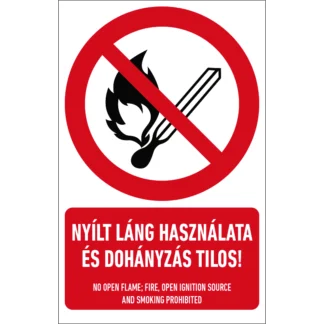 Nyílt láng használata és dohányzás tilos! matrica / tábla (ISO 7010-P003 piktogram + felirat)