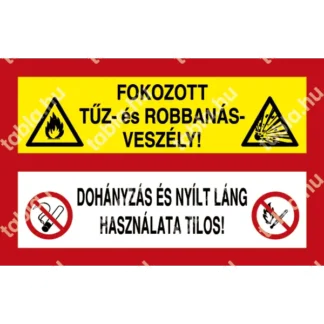 Fokozott tűz- és robbanásveszély! Dohányzás és nyílt láng használata tilos! matrica / tábla (piktogram + felirat)