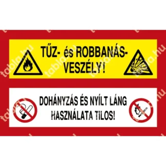 Tűz- és robbanásveszély! Dohányzás és nyílt láng használata tilos! matrica / tábla (piktogram + felirat)