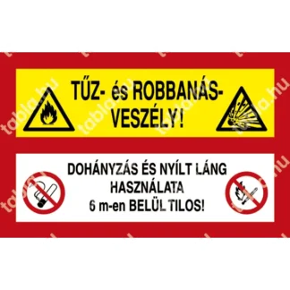 Tűz- és robbanásveszély! Dohányzás és nyílt láng használata 6 m-en belül tilos! matrica / tábla (piktogram + felirat)