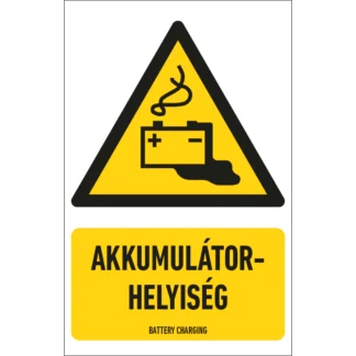 Akkumulátorhelyiség matrica / tábla (ISO 7010-W026 piktogram + felirat)