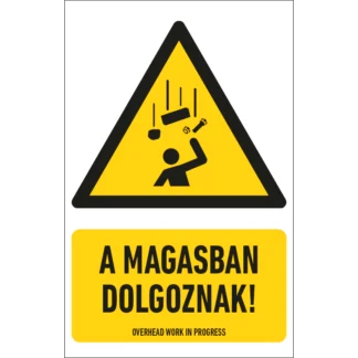 A magasban dolgoznak! matrica / tábla (ISO 7010-W035 piktogram + felirat)