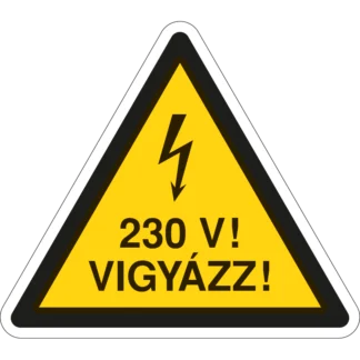 230 V! Vigyázz! matrica (ISO 7010-W012 piktogram + felirat)