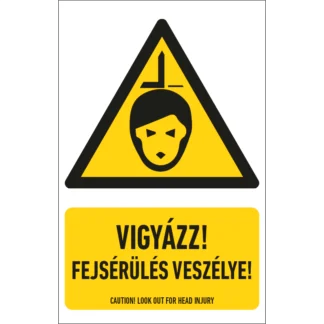 Vigyázz! Fejsérülés veszélye! matrica / tábla (piktogram + felirat)