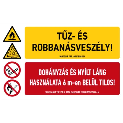 Tűz- és robbanásveszély! Dohányzás és nyílt láng használata 6 m-en belül tilos! matrica / tábla (piktogram + felirat)