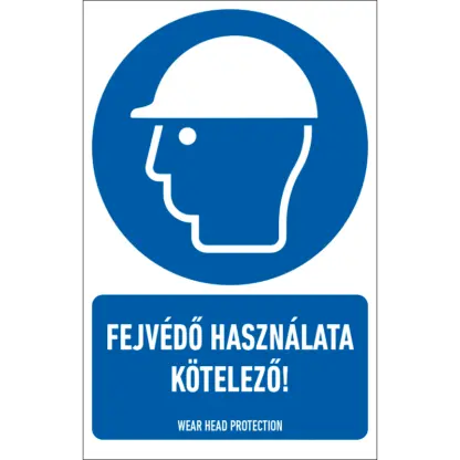 Fejvédő használata kötelező! matrica / tábla (ISO 7010-M014 piktogram + felirat)