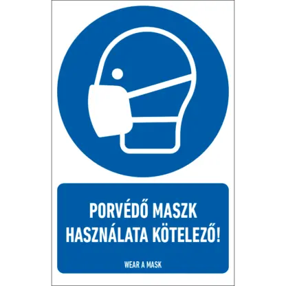 Porvédő maszk használata kötelező! matrica / tábla (ISO 7010-M016 piktogram + felirat)