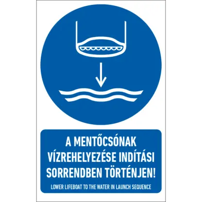 A mentőcsónak vízrehelyezése indítási sorrendben történjen! matrica / tábla (ISO 7010-M039 piktogram + felirat)