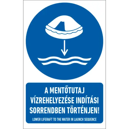 A mentőtutaj vízrehelyezése indítási sorrendben történjen! matrica / tábla (ISO 7010-M040 piktogram + felirat)