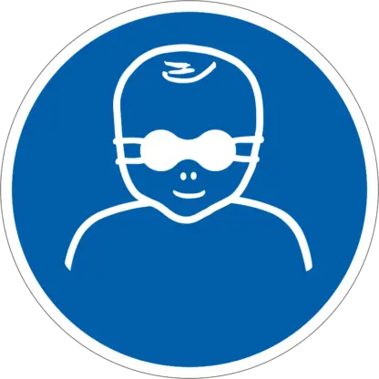A kisgyermekek szemét védje átlátszatlan szemvédővel! matrica (ISO 7010-M025 piktogram)