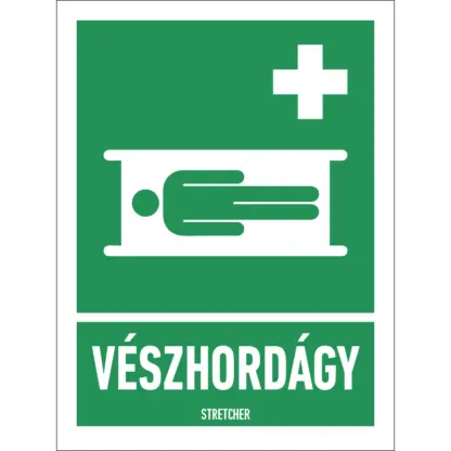 Vészhordágy matrica / tábla (ISO 7010-E013 piktogram + felirat)
