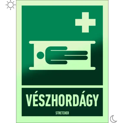 Vészhordágy matrica / tábla (ISO 7010-E013 piktogram + felirat)