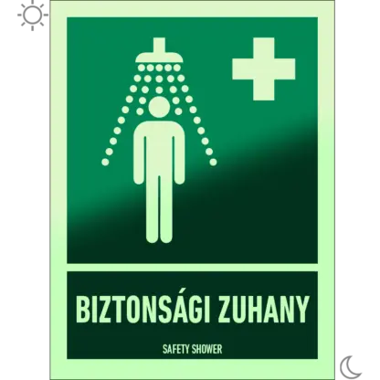Biztonsági zuhany matrica / tábla (ISO 7010-E012 piktogram + felirat)